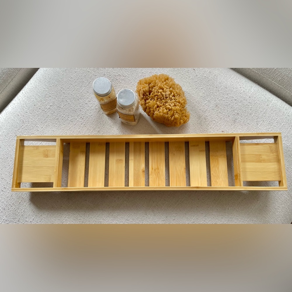 NATURAL BAMBOO BATH TRAY TUB TRAY WITH COMPARTMENTS - Picture 4 of 10